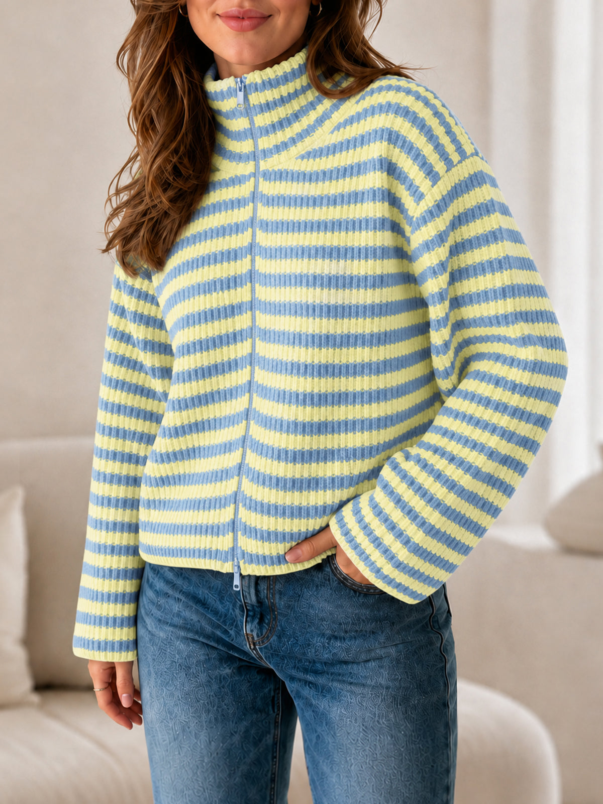 Saodimallsu Womens Striped Zip Knit Cardigan