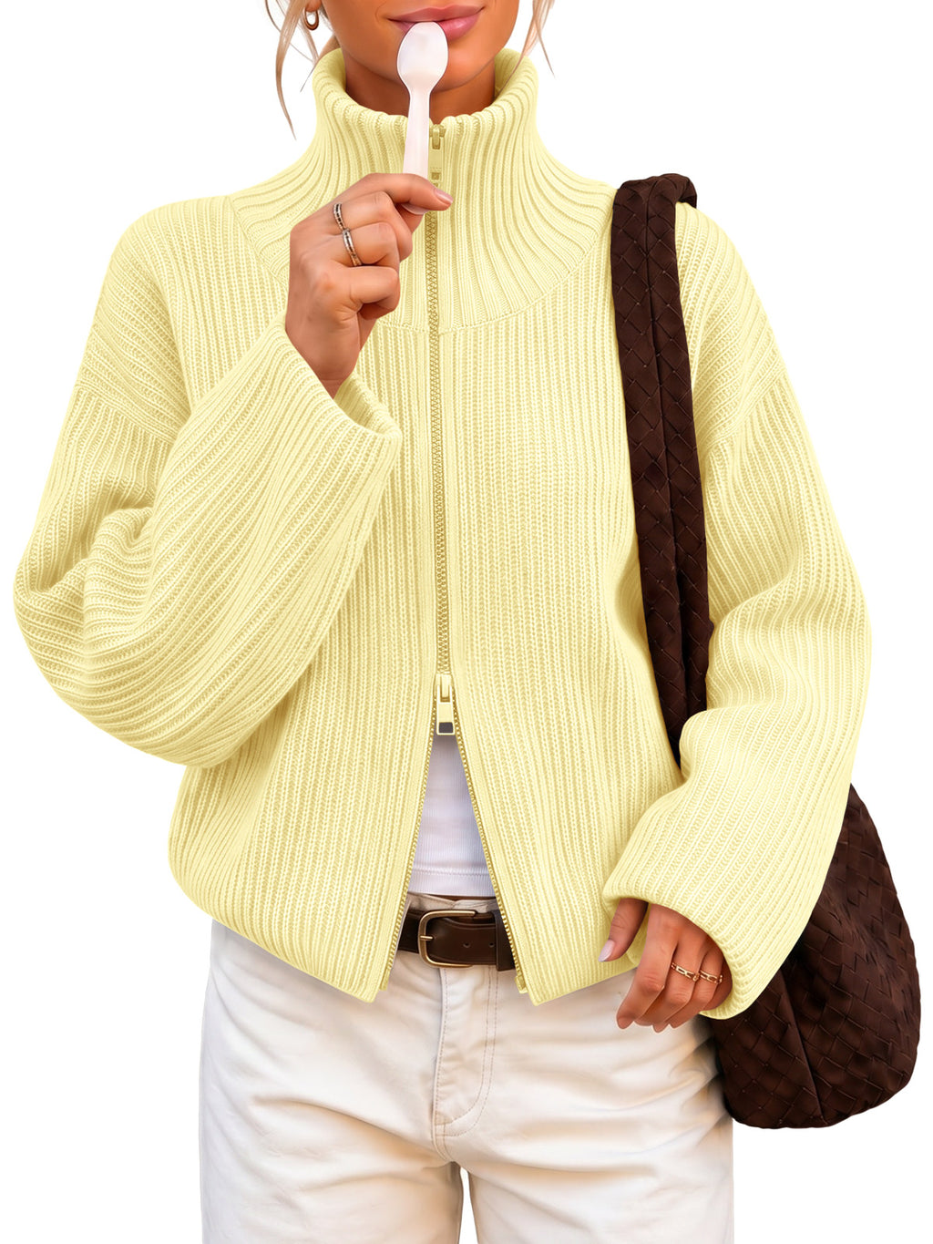 Saodimallsu Women Zip Up Chunky Knit Sweater