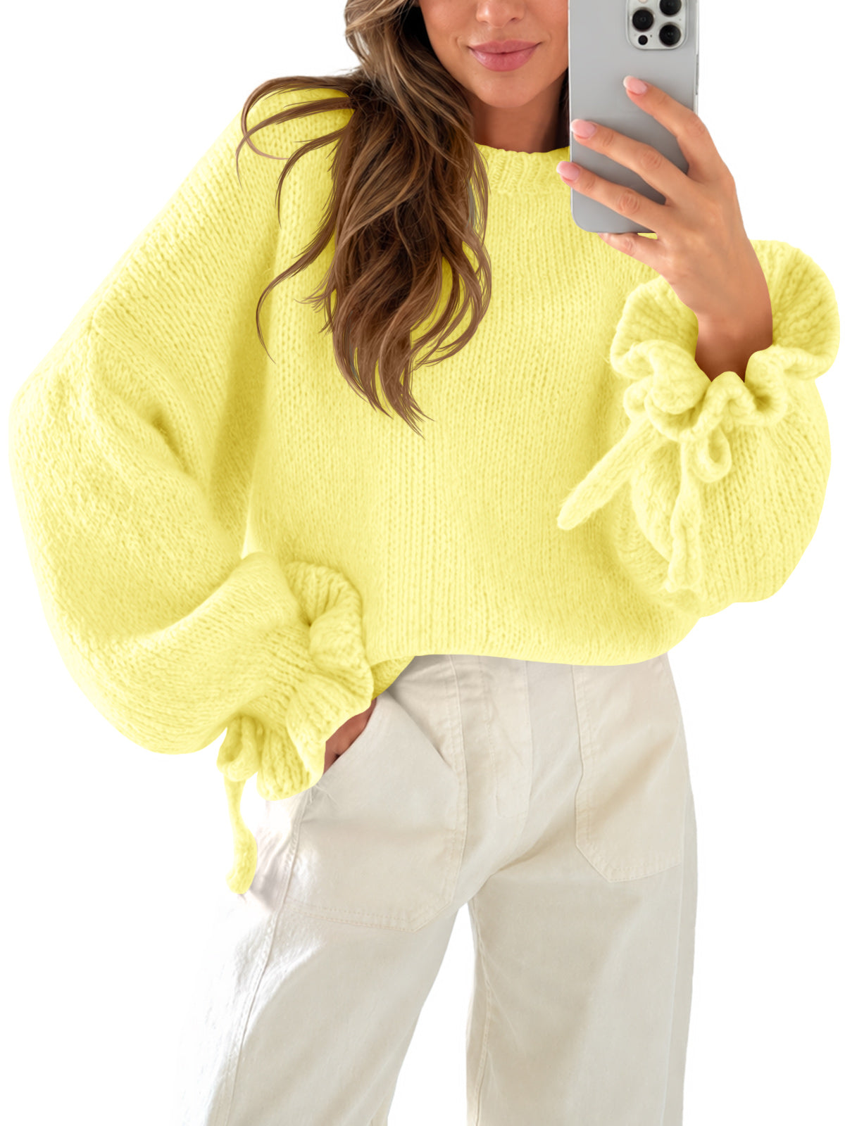 Saodimallsu Women Ruffle Long Sleeve Knit Sweater