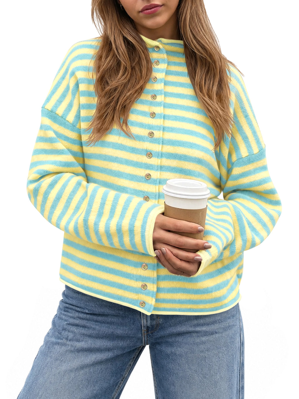 Saodimallsu Womens Striped Mock Neck Cardigan
