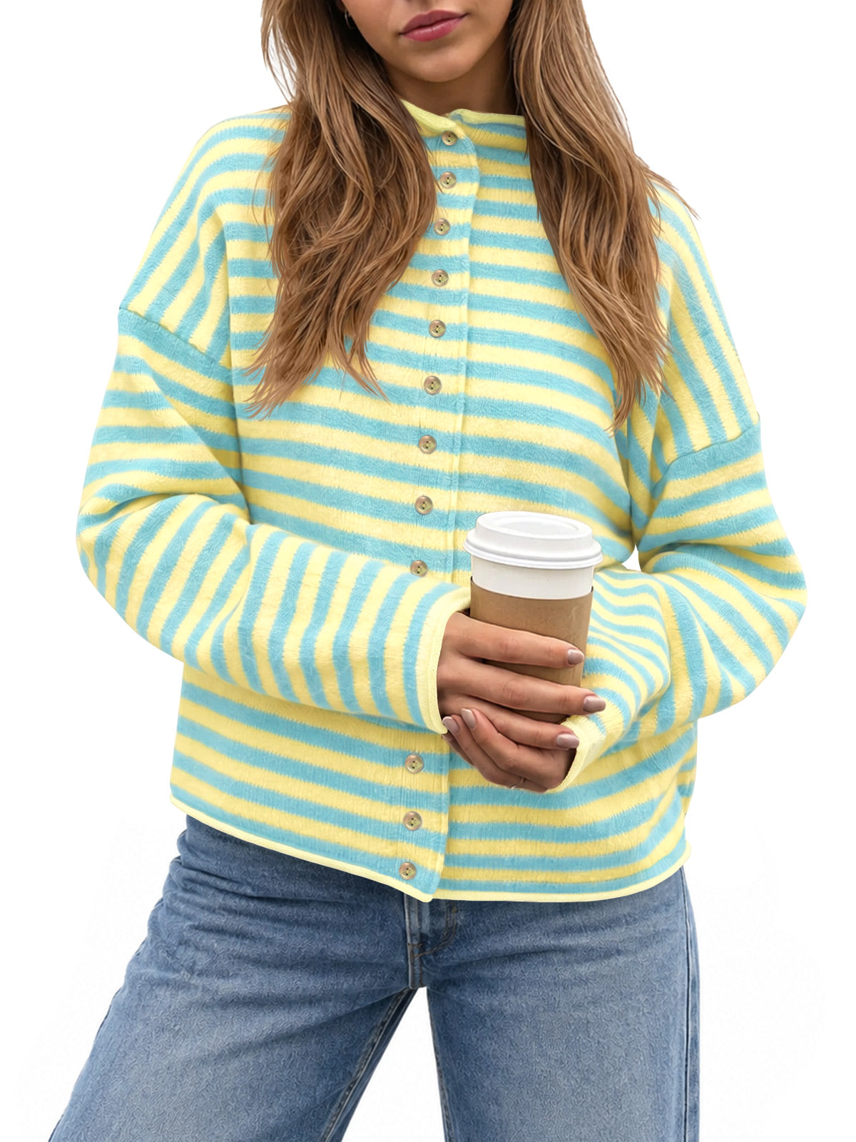 Saodimallsu Womens Striped Mock Neck Cardigan