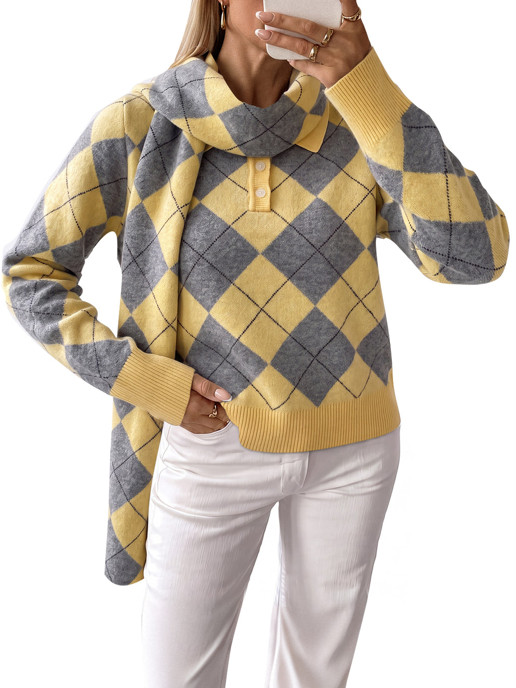 Saodimallsu Womens Argyle Color Block Polo Sweater