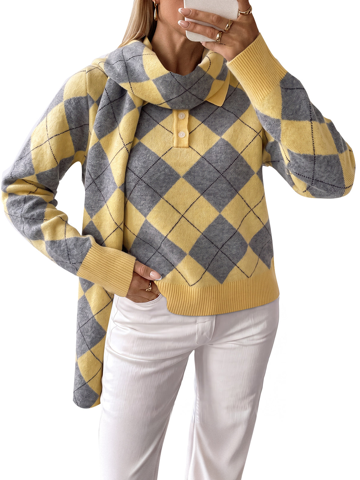 Saodimallsu Womens Argyle Color Block Polo Sweater
