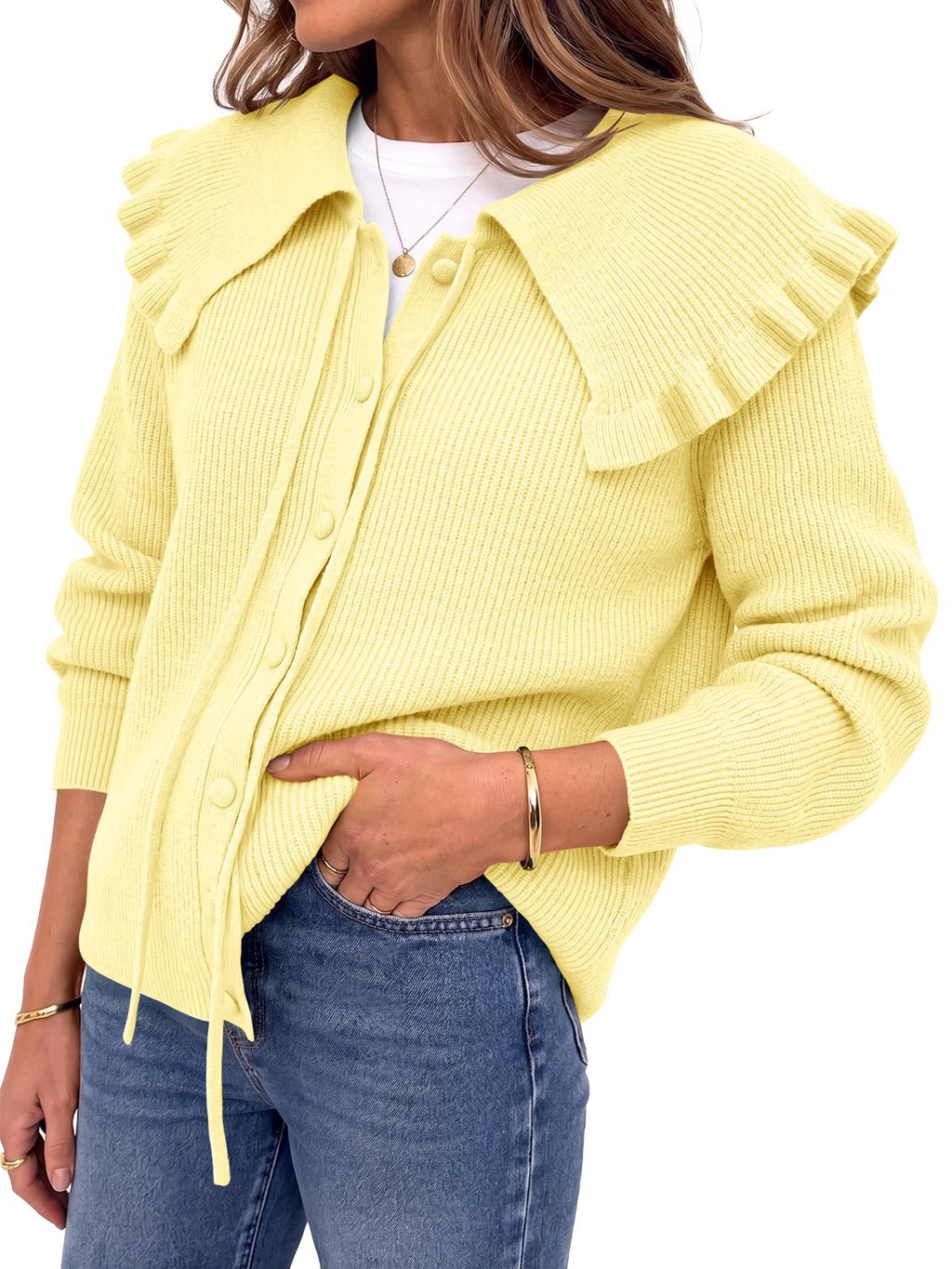 Saodimallsu Women Ruffle Collar Knit Cardigan