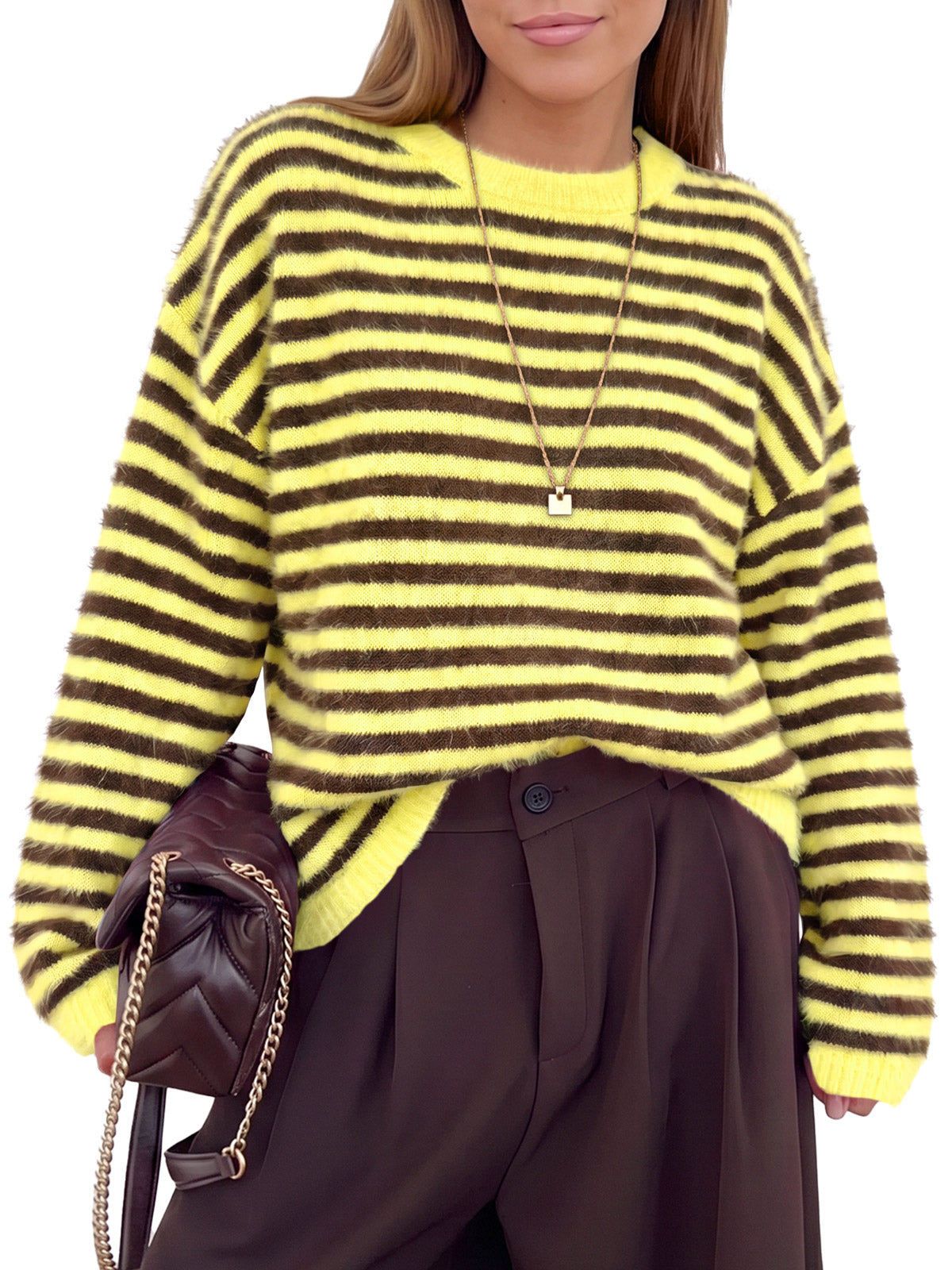 Saodimallsu Womens Fuzzy Crew Neck Striped Sweaters