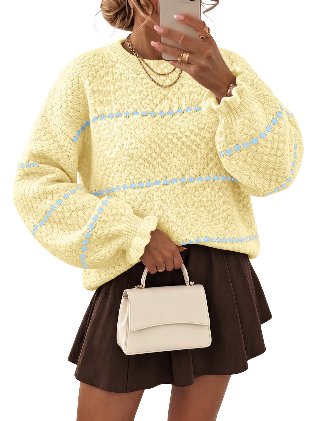 Saodimallsu Womens Heart Striped Ruffle Sweaters