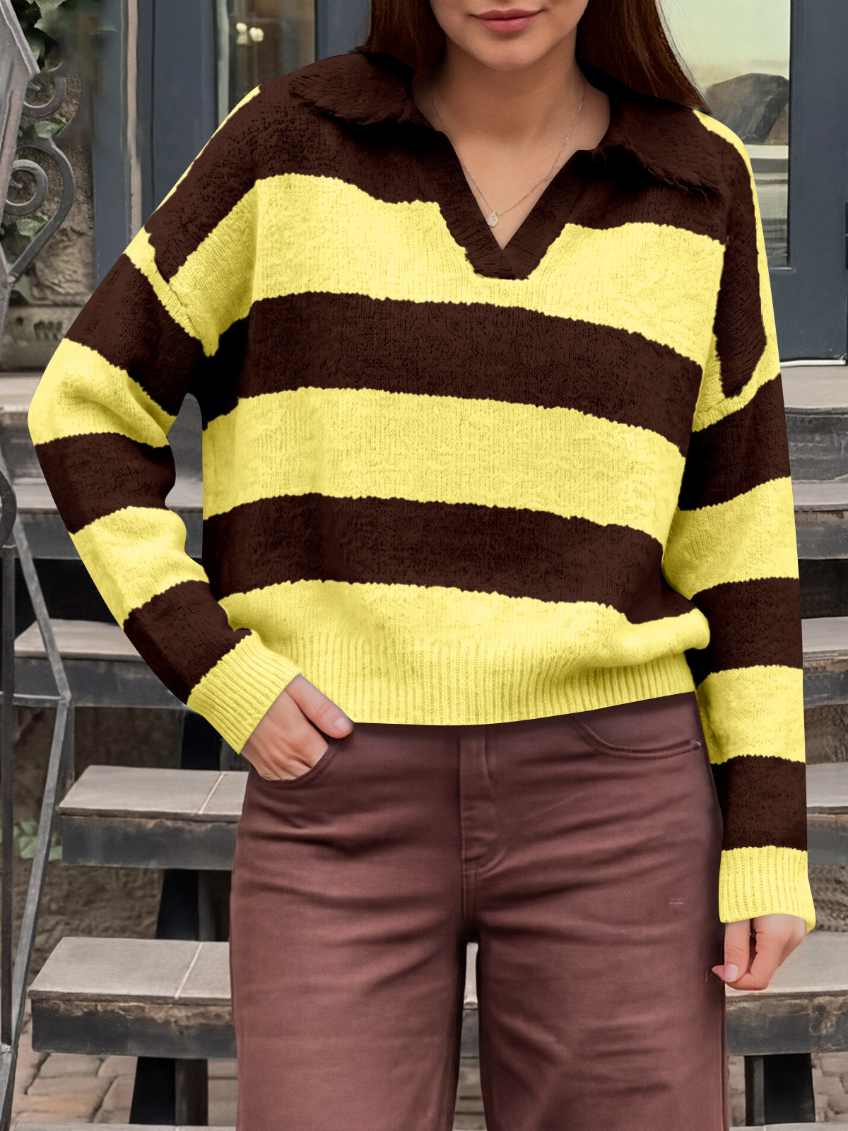 Saodimallsu Womens Striped Polo V Neck Sweaters
