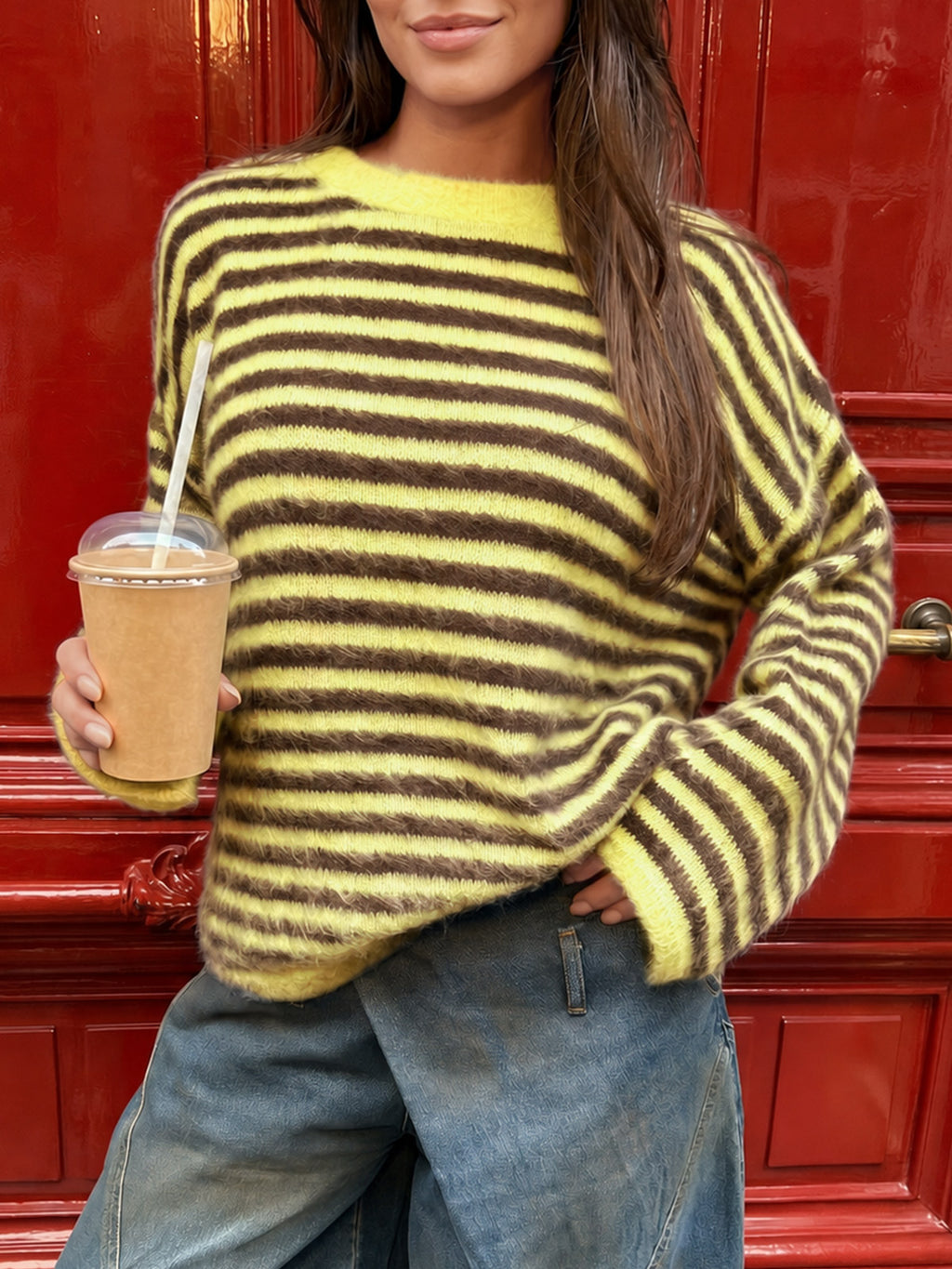 Saodimallsu Womens Fuzzy Crew Neck Striped Sweaters