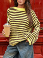 Saodimallsu Womens Fuzzy Crew Neck Striped Sweaters