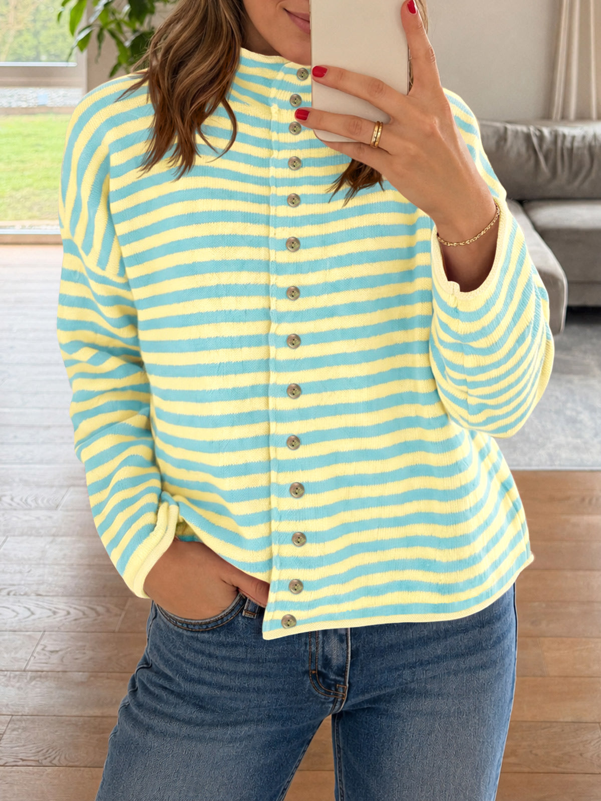 Saodimallsu Womens Striped Mock Neck Cardigan