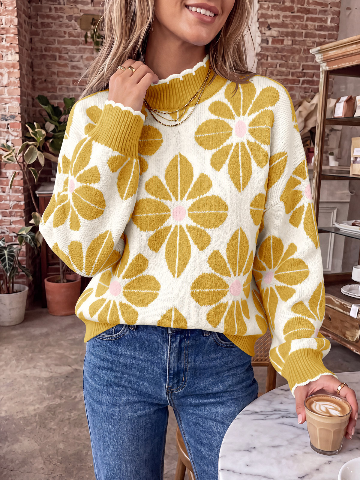 Saodimallsu Womens Mock Neck Floral Knit Sweater