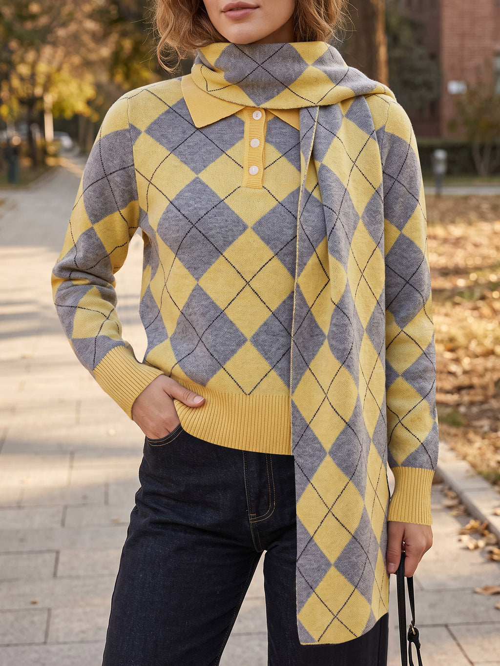Saodimallsu Womens Argyle Color Block Polo Sweater