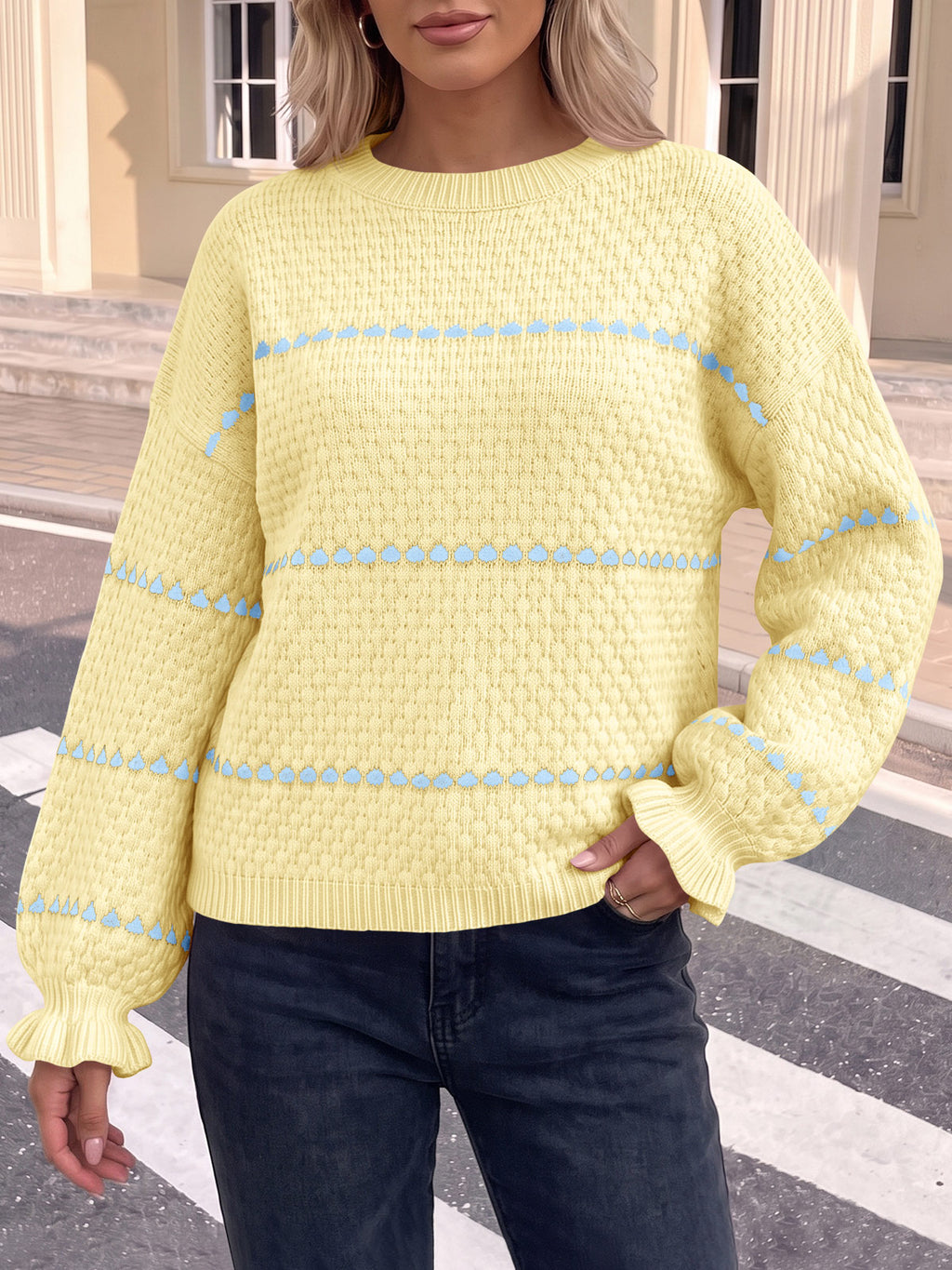 Saodimallsu Womens Heart Striped Ruffle Sweaters