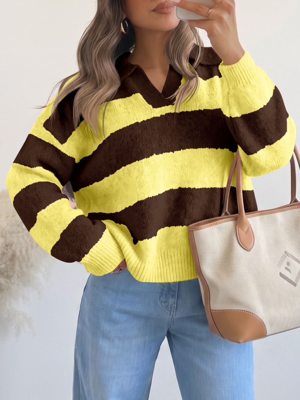 Saodimallsu Womens Striped Polo V Neck Sweaters