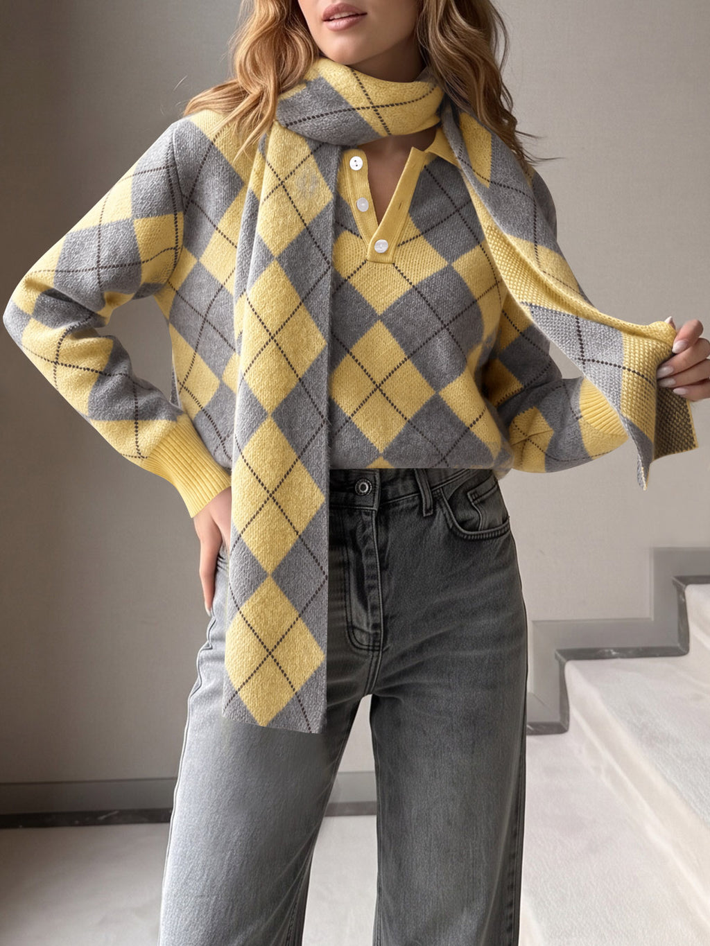 Saodimallsu Womens Argyle Color Block Polo Sweater