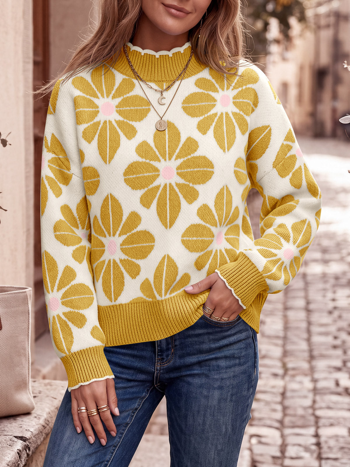 Saodimallsu Womens Mock Neck Floral Knit Sweater