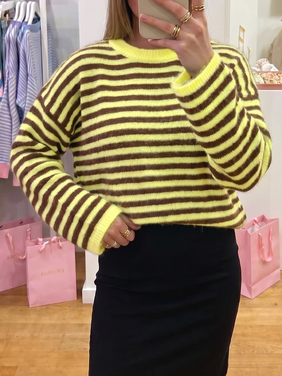 Saodimallsu Womens Fuzzy Crew Neck Striped Sweaters