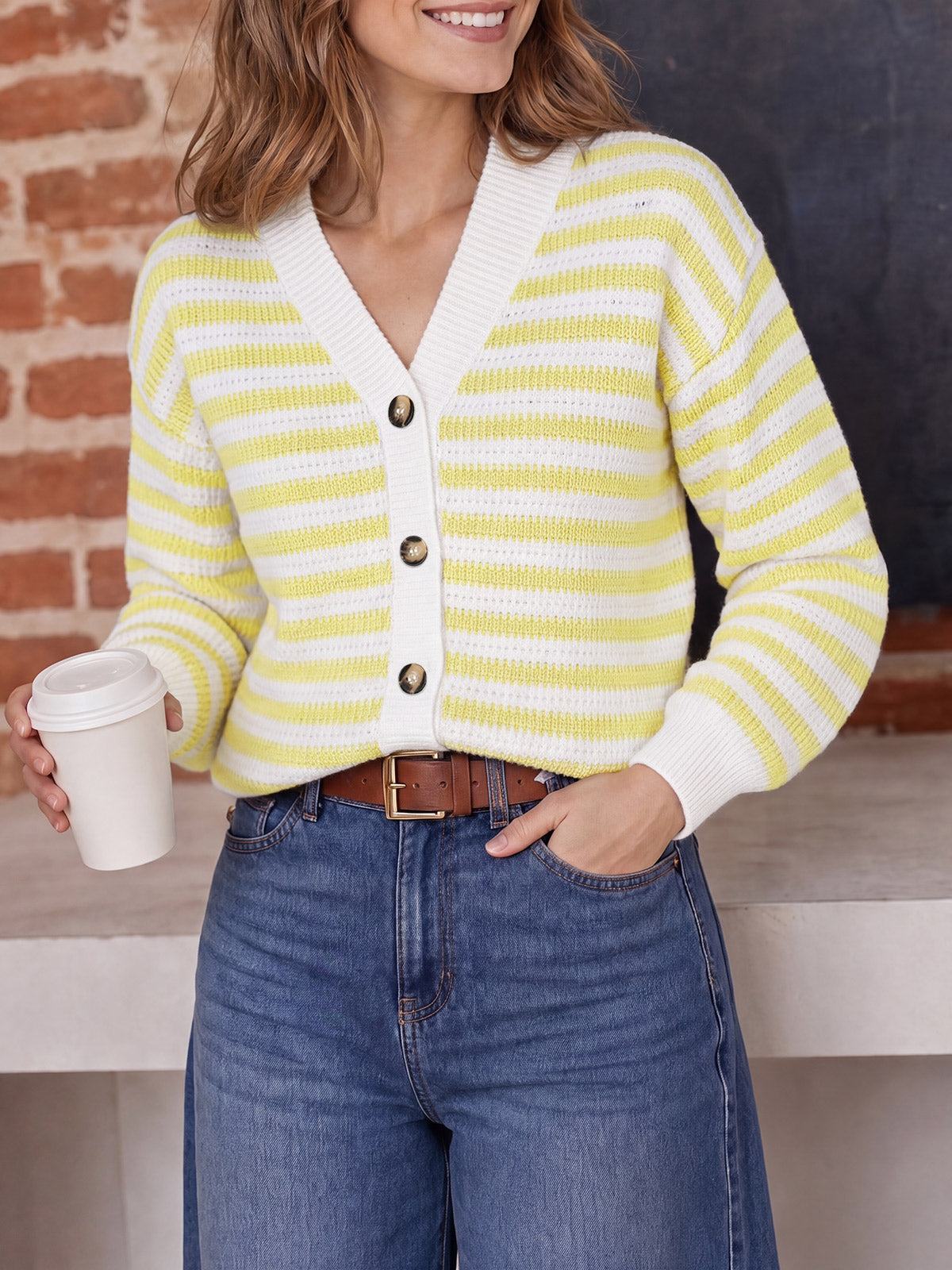 Saodimallsu Womens Striped V Neck Cardigan