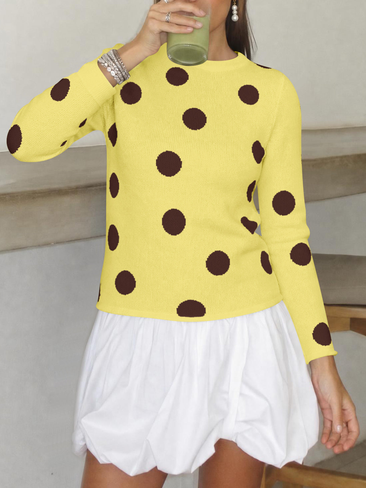 Saodimallsu Womens Polka Dot Long Sleeve Sweater