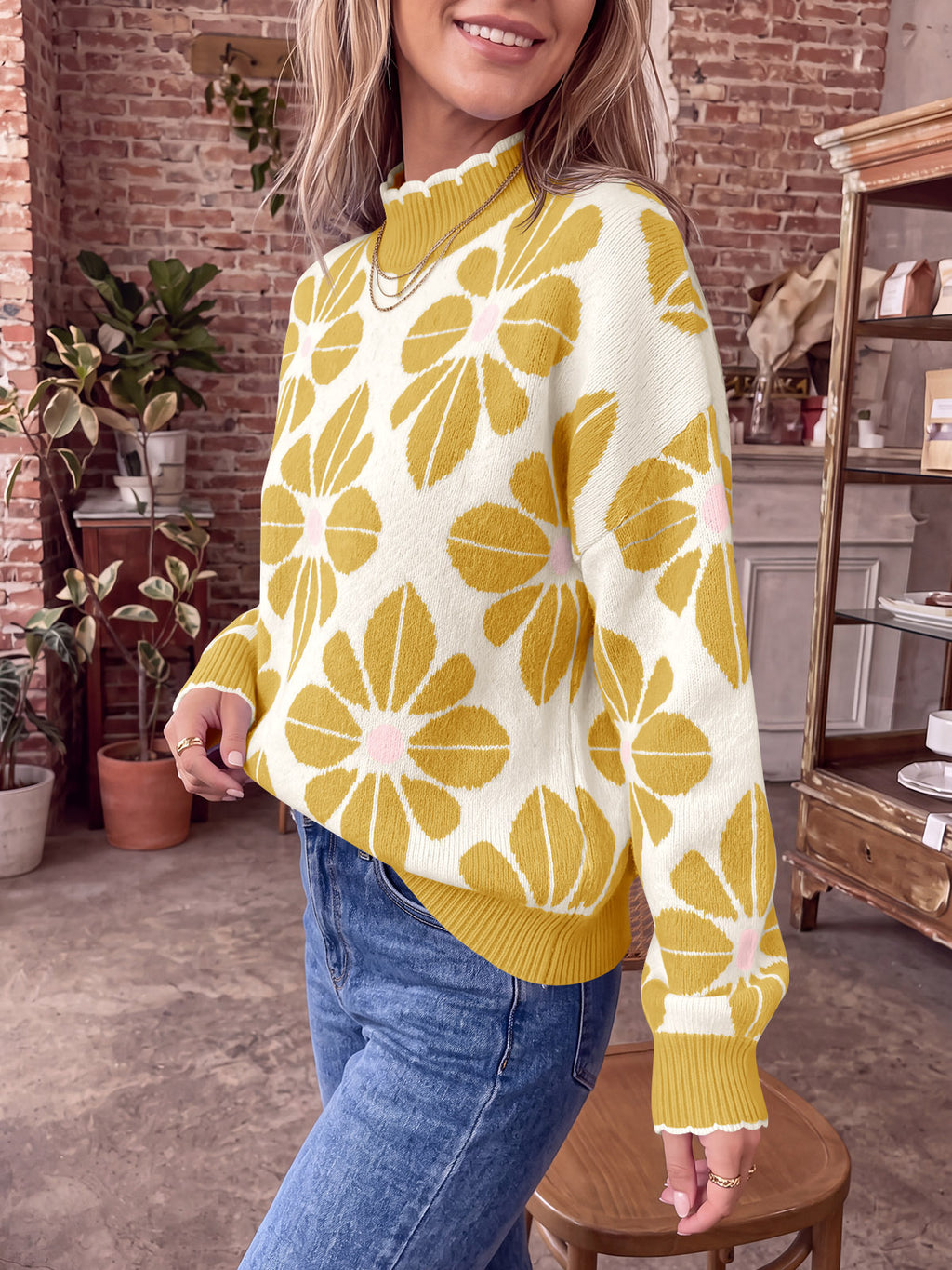 Saodimallsu Womens Mock Neck Floral Knit Sweater