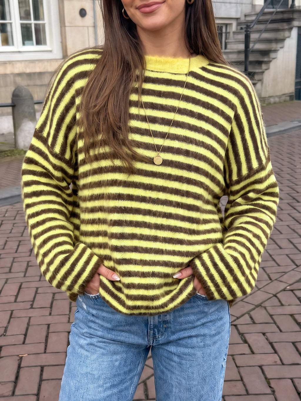 Saodimallsu Womens Fuzzy Crew Neck Striped Sweaters