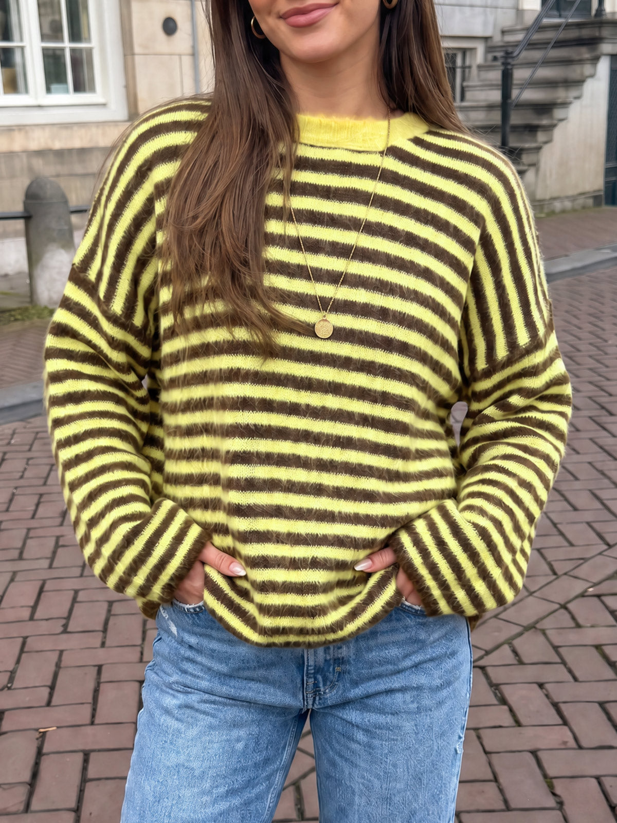 Saodimallsu Womens Fuzzy Crew Neck Striped Sweaters