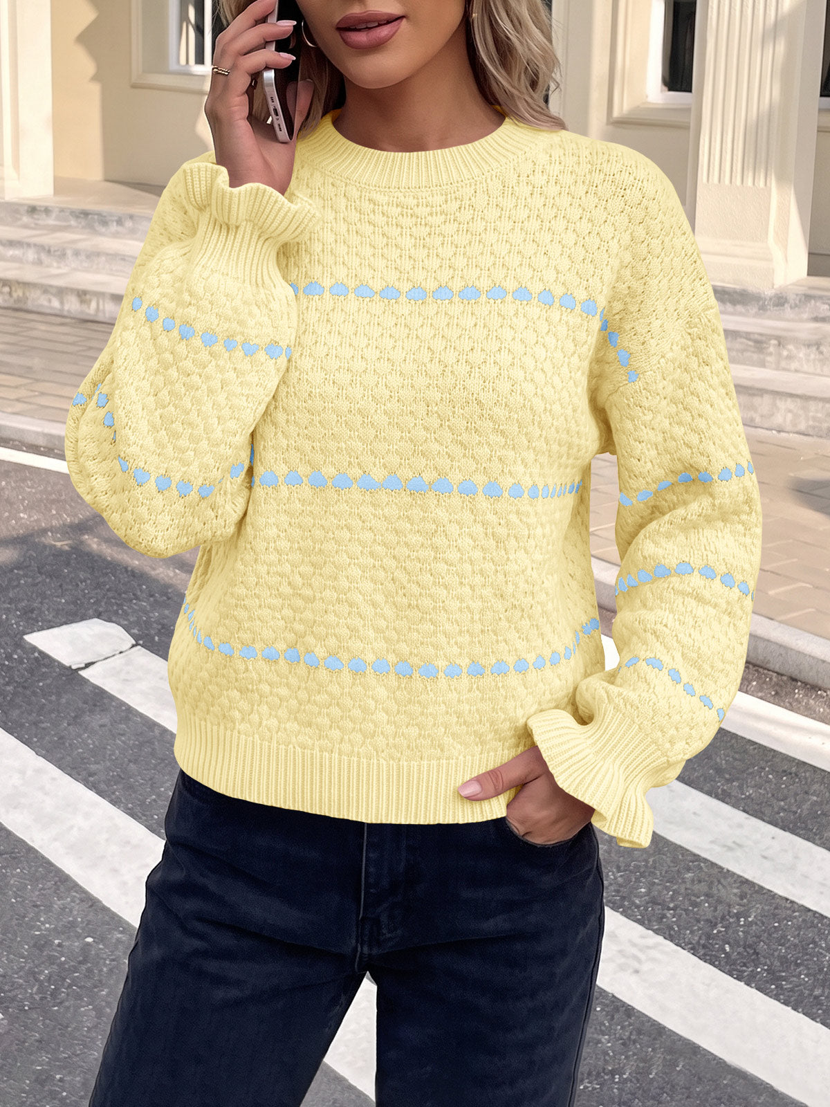 Saodimallsu Womens Heart Striped Ruffle Sweaters