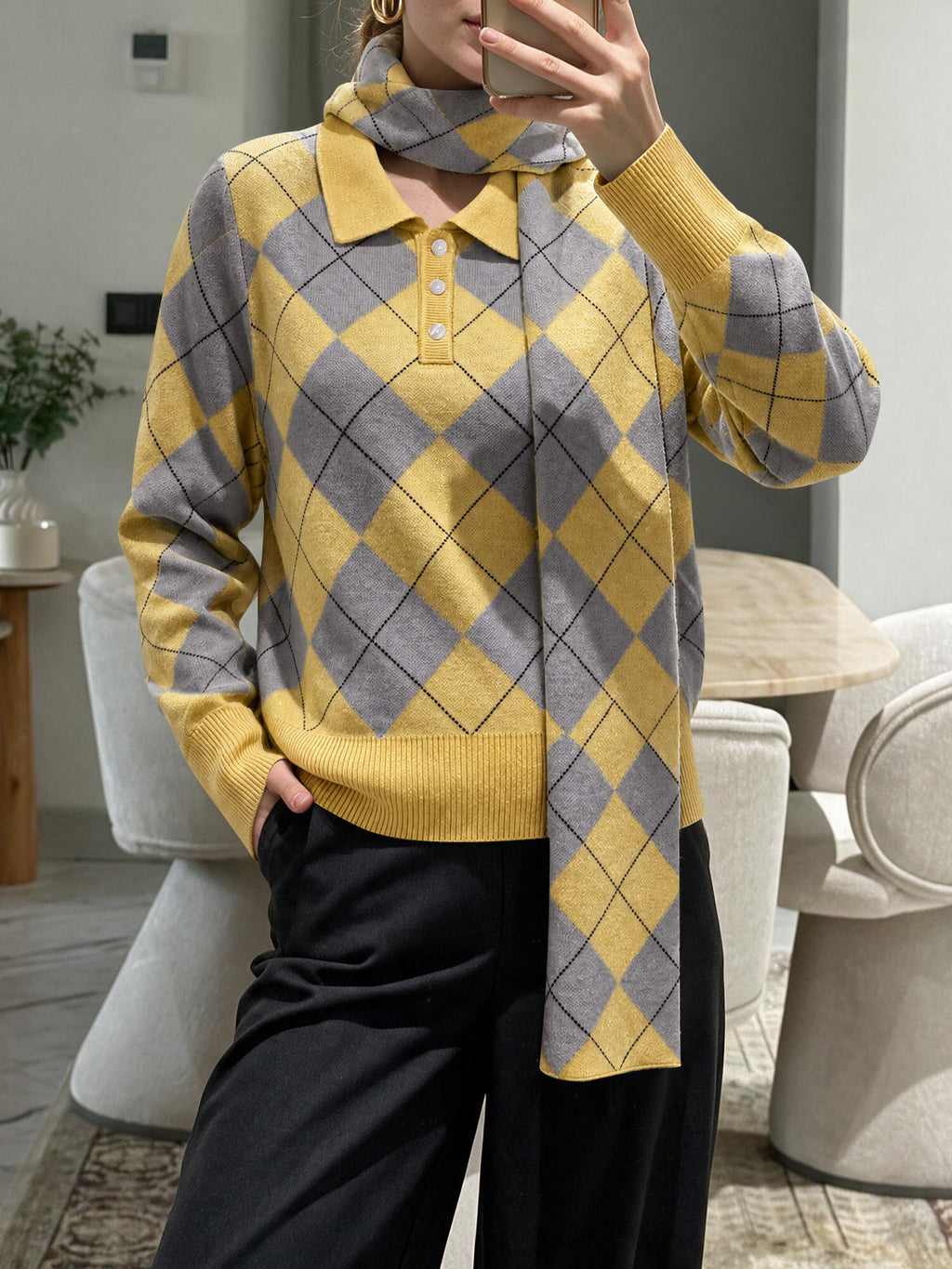 Saodimallsu Womens Argyle Color Block Polo Sweater