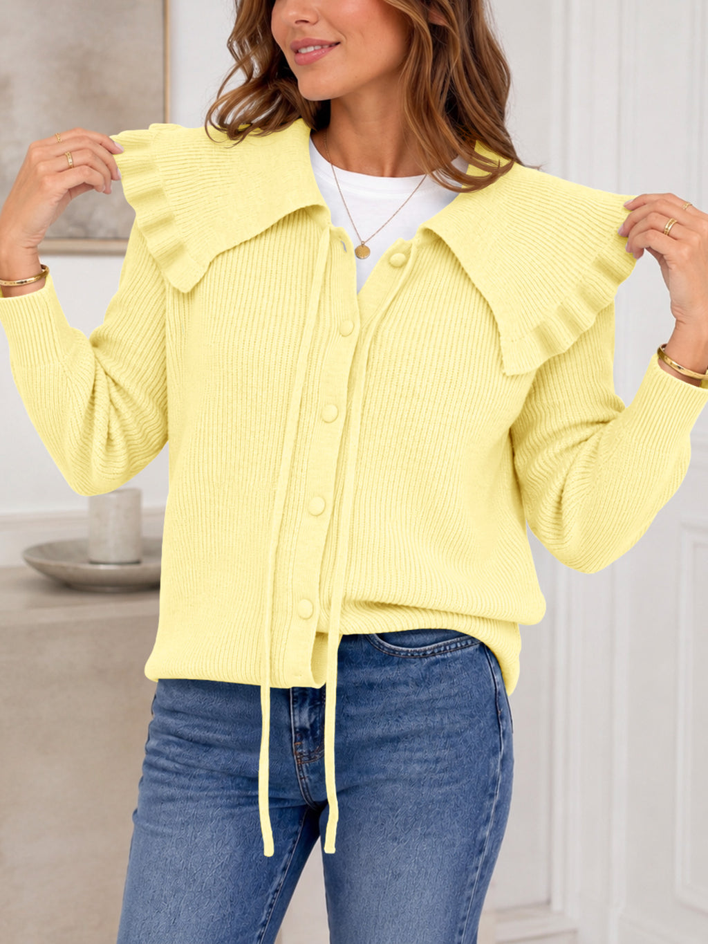Saodimallsu Women Ruffle Collar Knit Cardigan