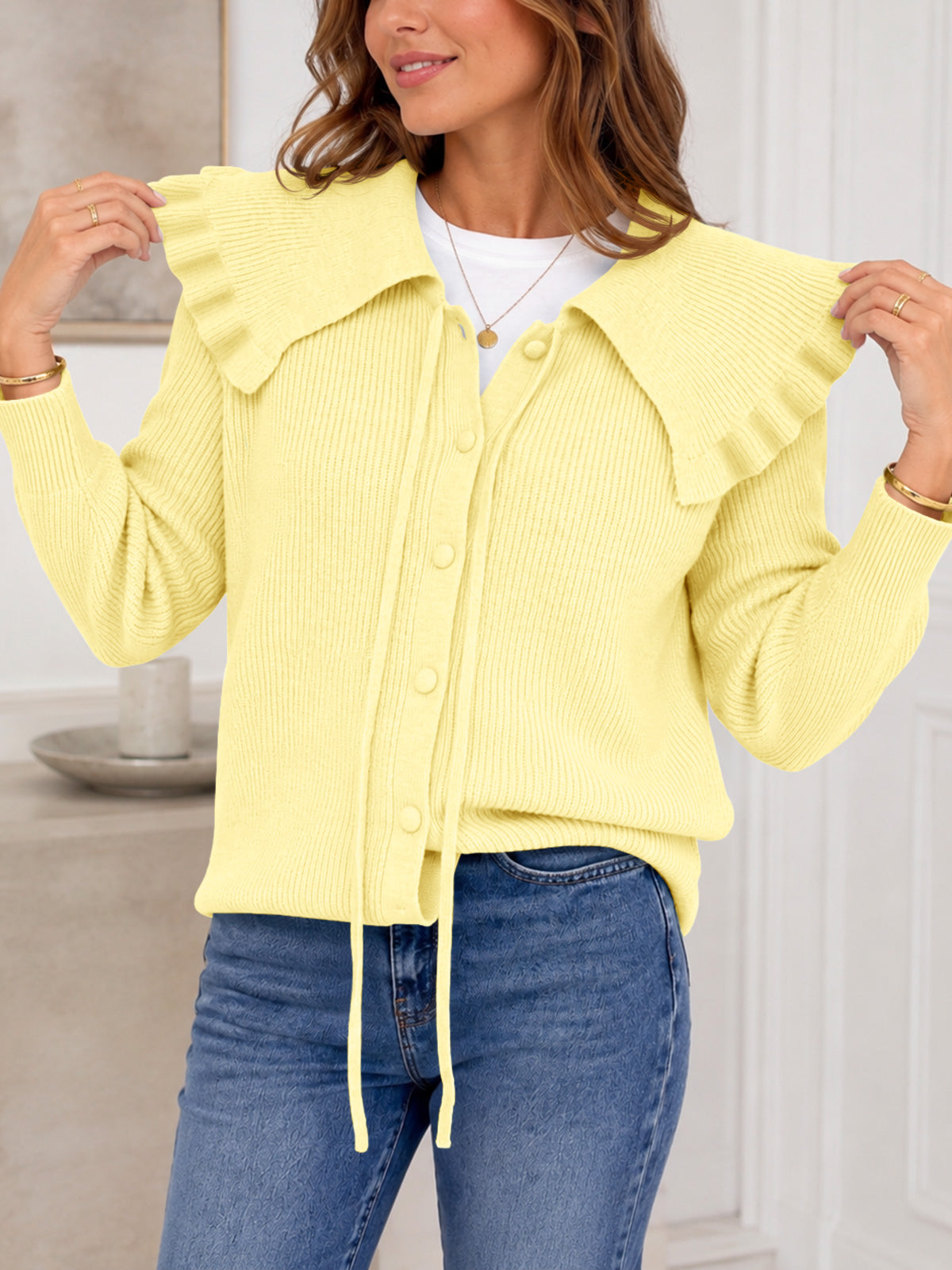 Saodimallsu Women Ruffle Collar Knit Cardigan