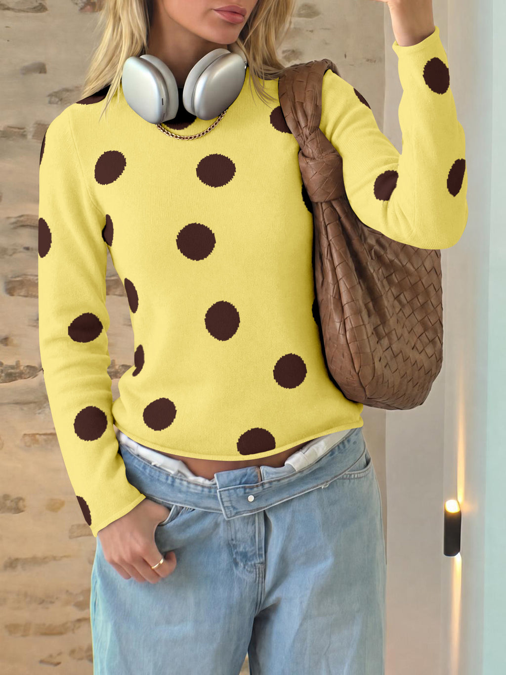 Saodimallsu Womens Polka Dot Long Sleeve Sweater