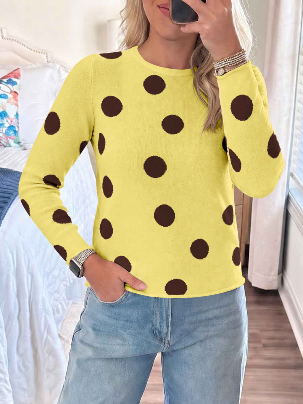 Saodimallsu Womens Polka Dot Long Sleeve Sweater
