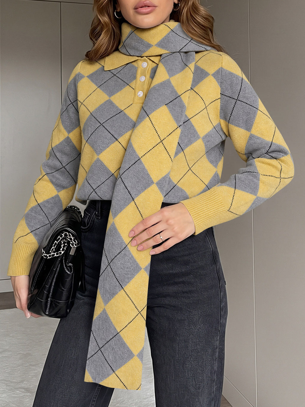 Saodimallsu Womens Argyle Color Block Polo Sweater