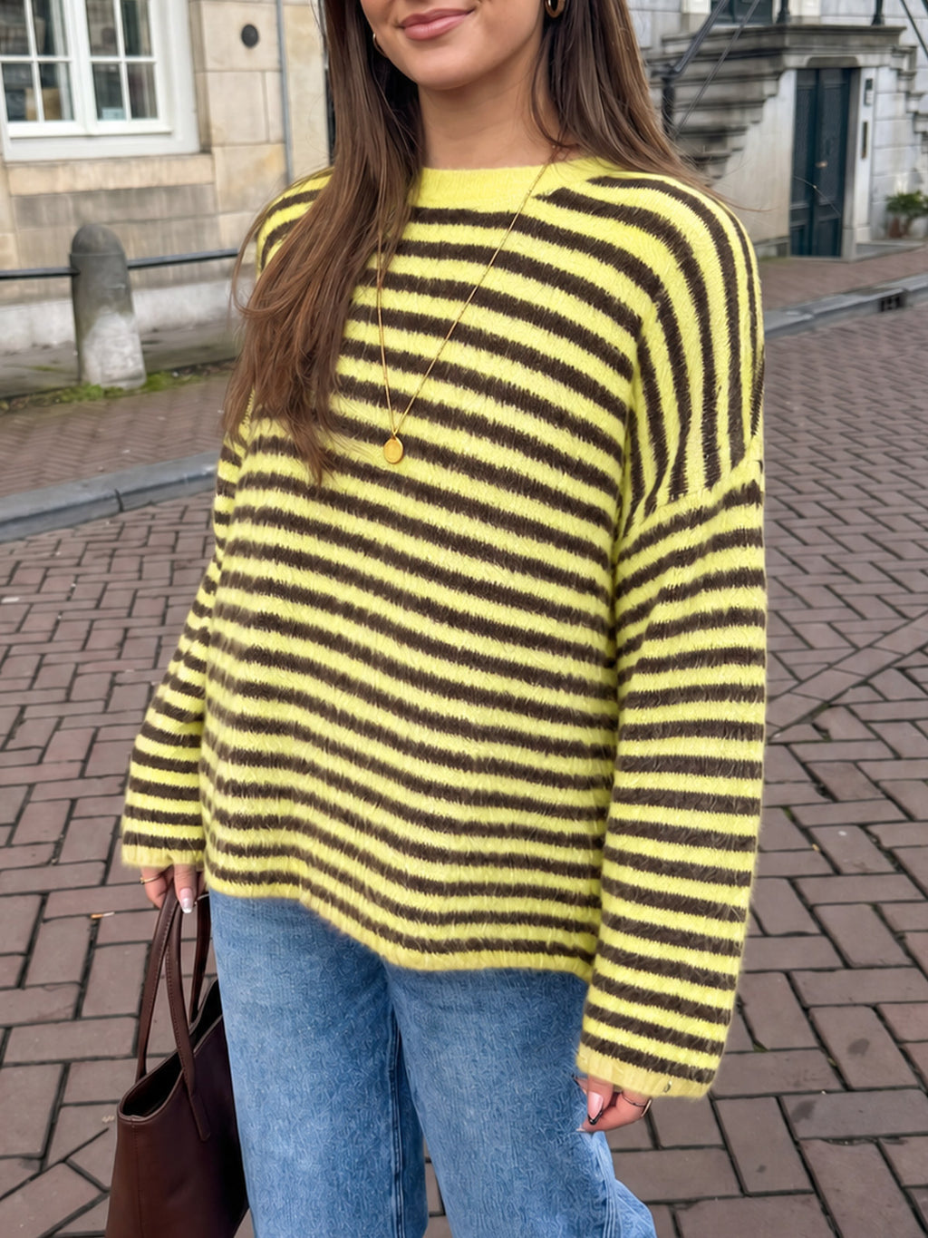 Saodimallsu Womens Fuzzy Crew Neck Striped Sweaters