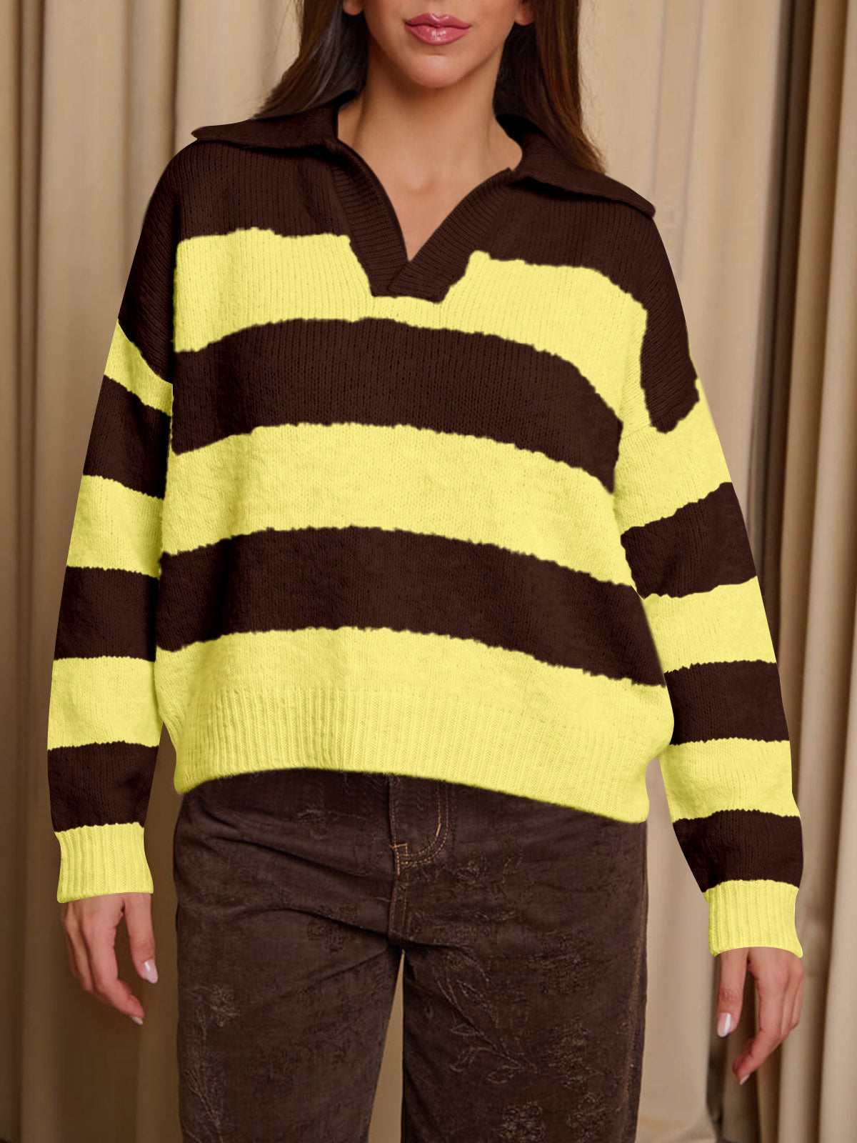 Saodimallsu Womens Striped Polo V Neck Sweaters