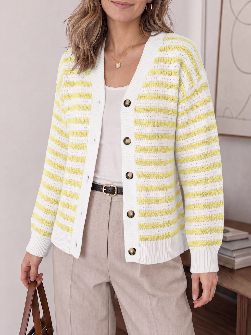 Saodimallsu Womens Striped V Neck Cardigan