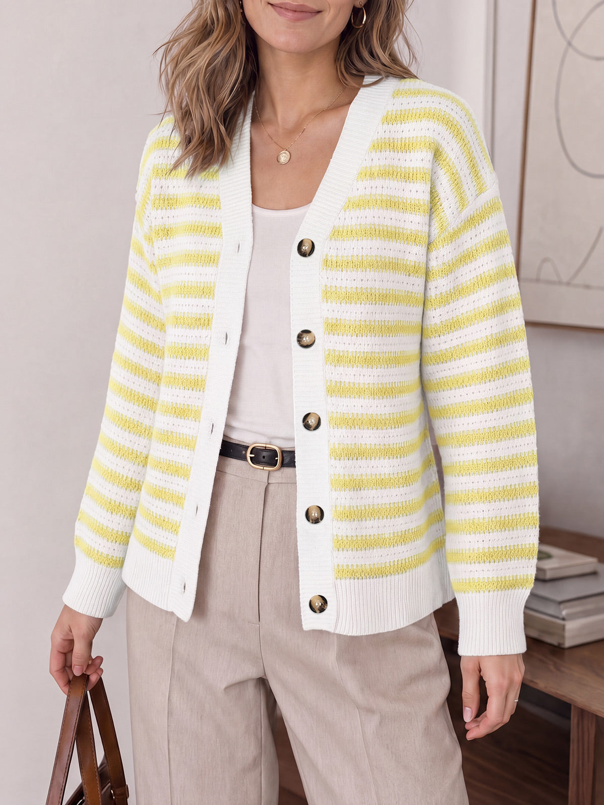 Saodimallsu Womens Striped V Neck Cardigan