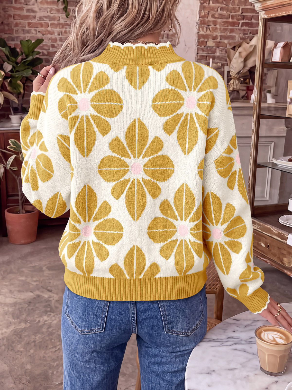 Saodimallsu Womens Mock Neck Floral Knit Sweater