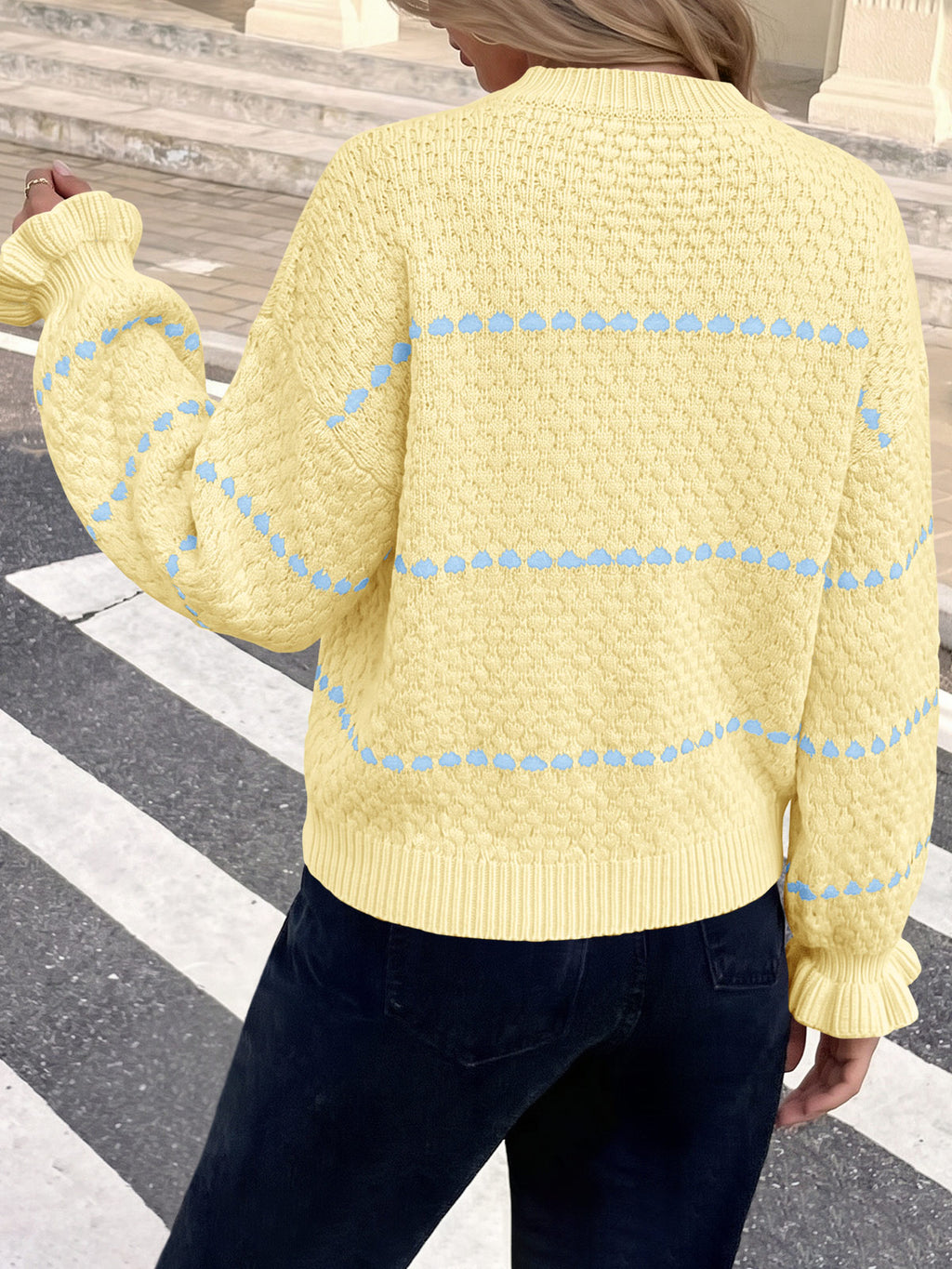Saodimallsu Womens Heart Striped Ruffle Sweaters