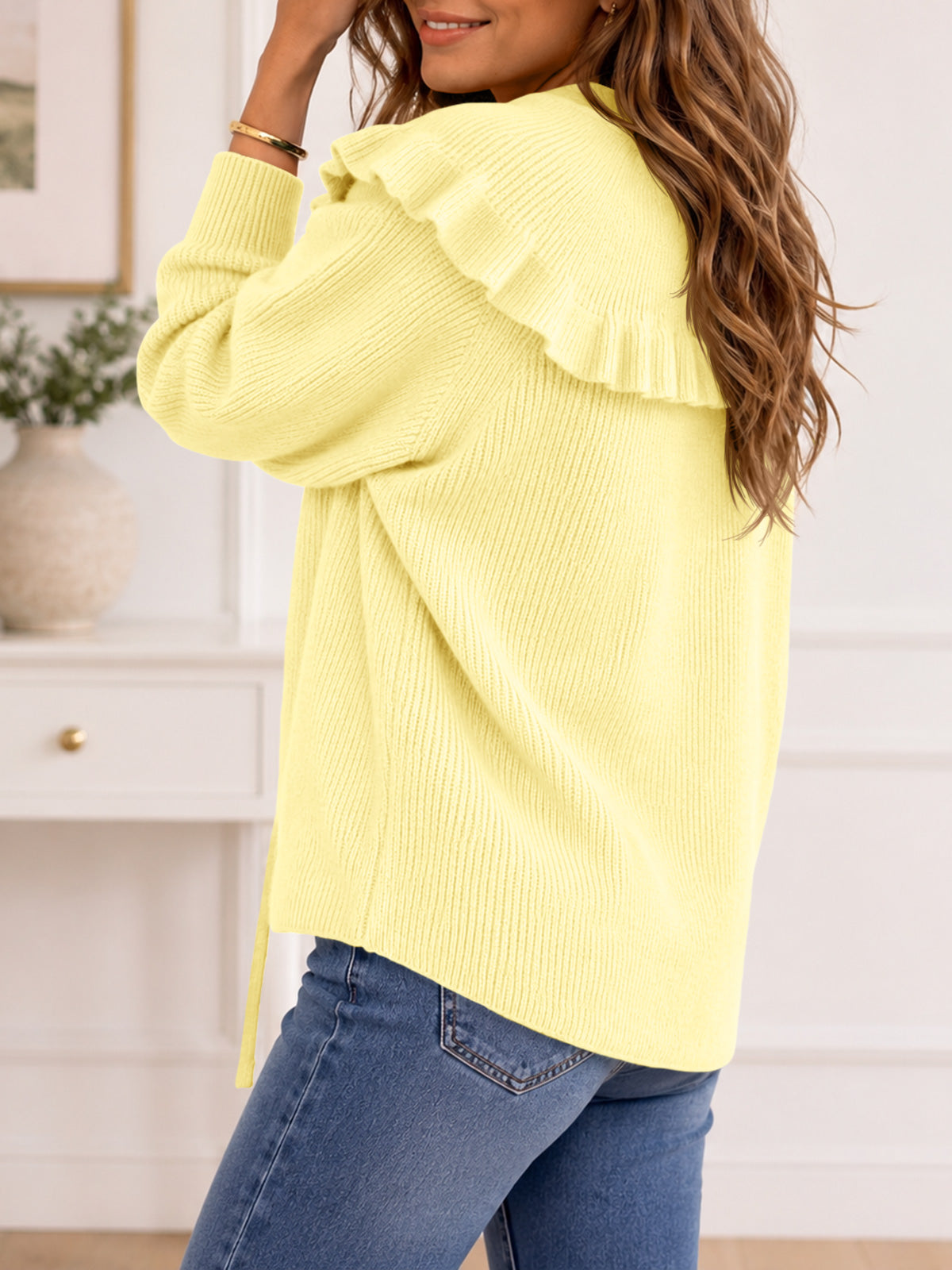 Saodimallsu Women Ruffle Collar Knit Cardigan