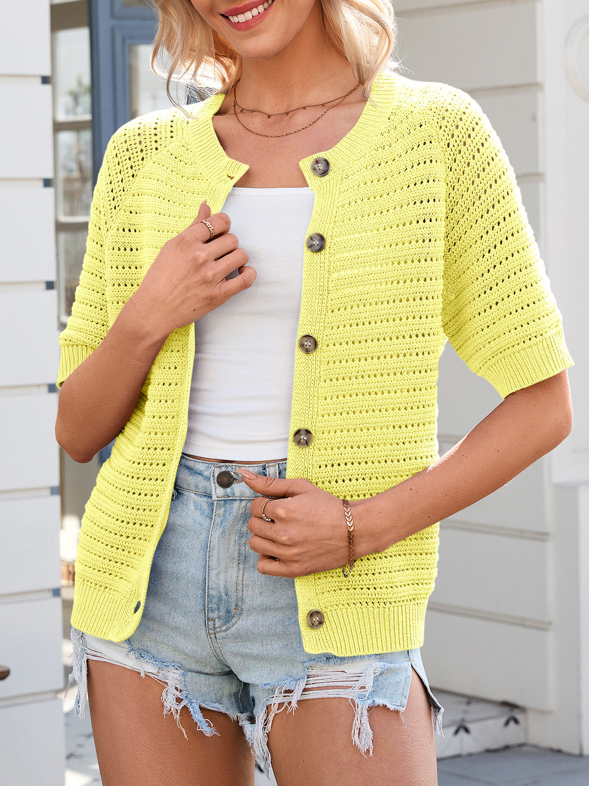 Saodimallsu Womens Crochet Short Sleeve Button Down Cardigan
