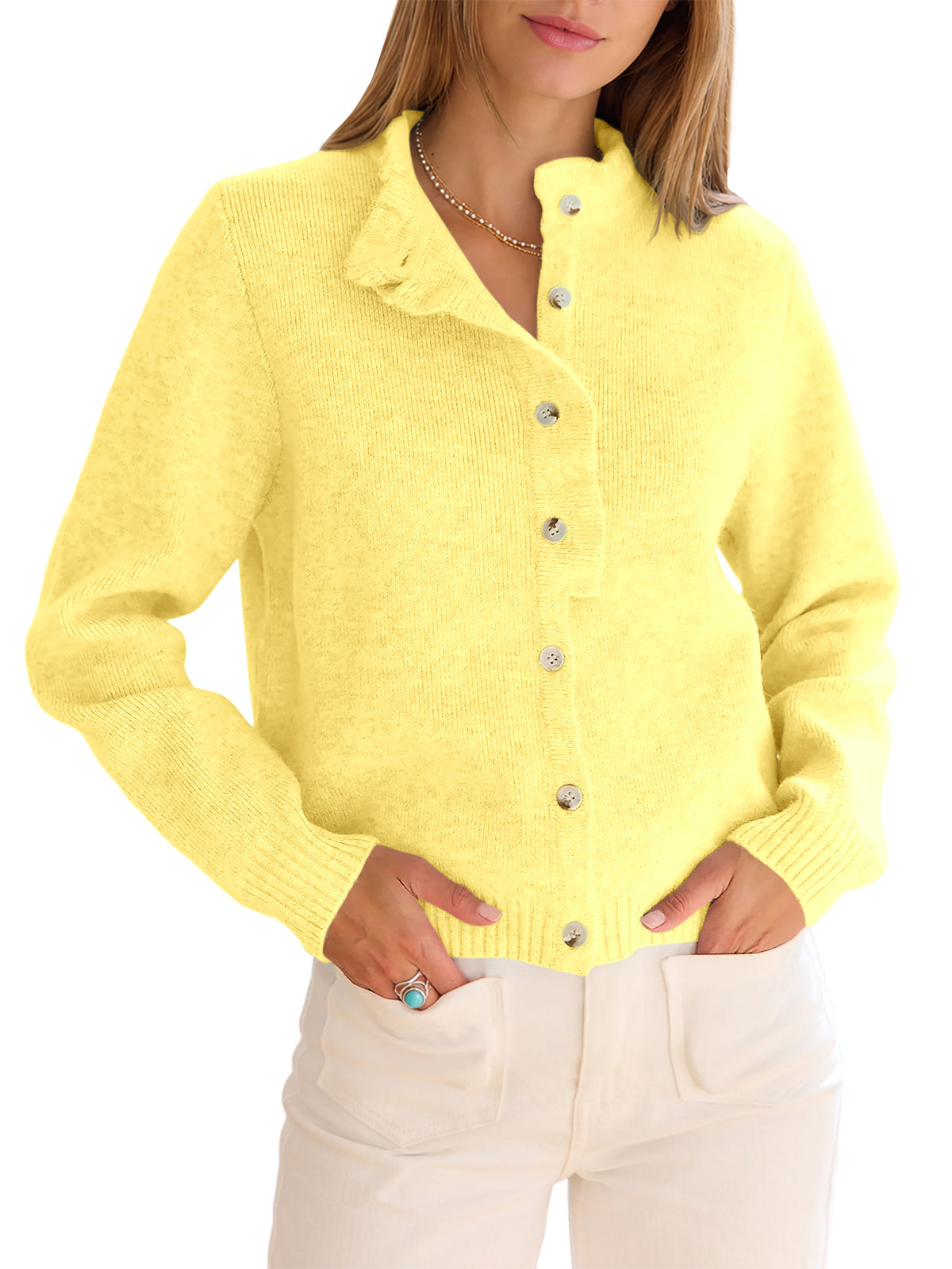Saodimallsu Women Ruffle Mock Neck Knit Cardigan