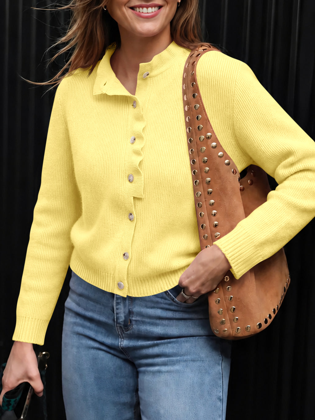 Saodimallsu Women Ruffle Mock Neck Knit Cardigan
