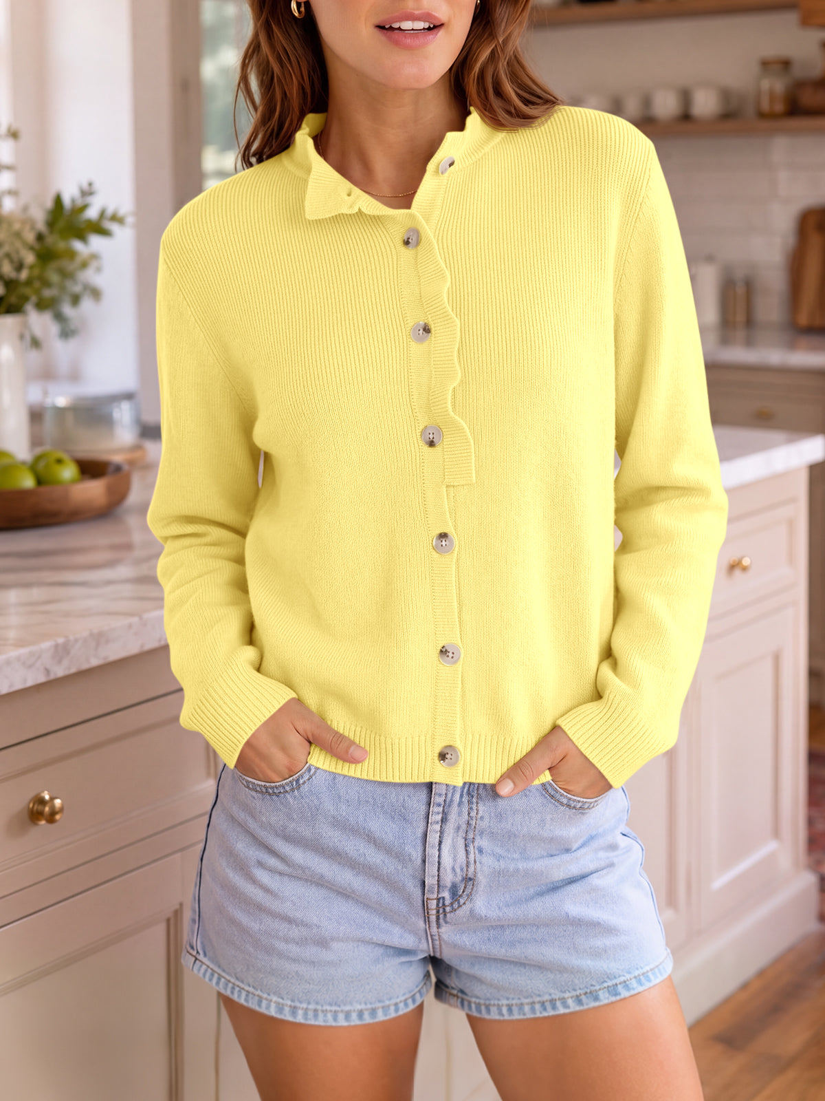 Saodimallsu Women Ruffle Mock Neck Knit Cardigan