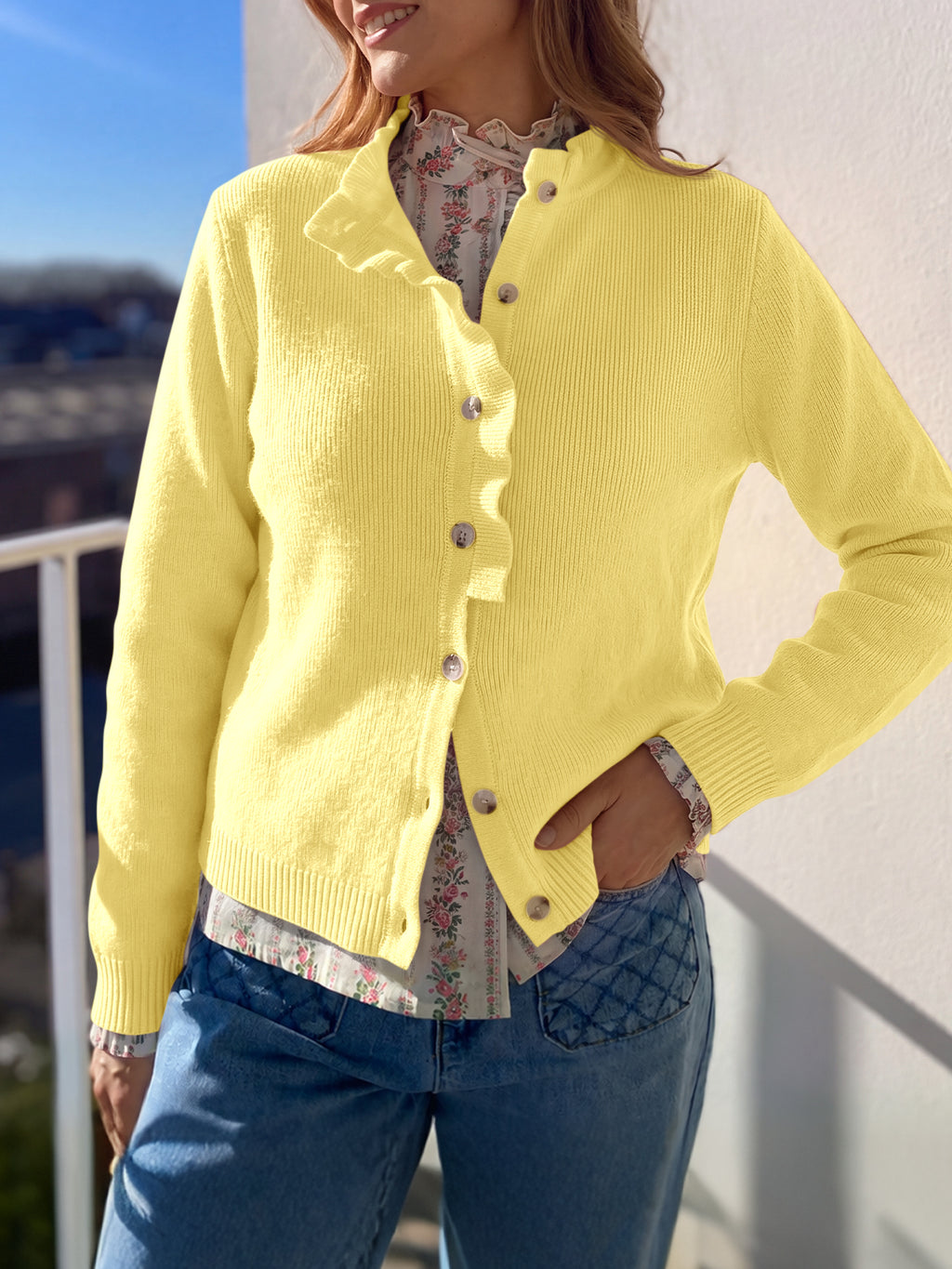 Saodimallsu Women Ruffle Mock Neck Knit Cardigan