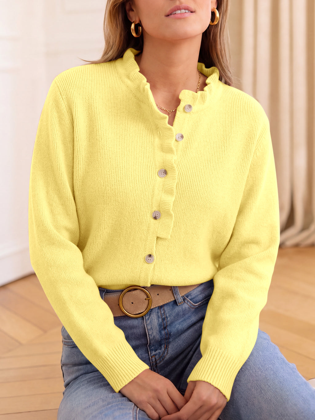 Saodimallsu Women Ruffle Mock Neck Knit Cardigan
