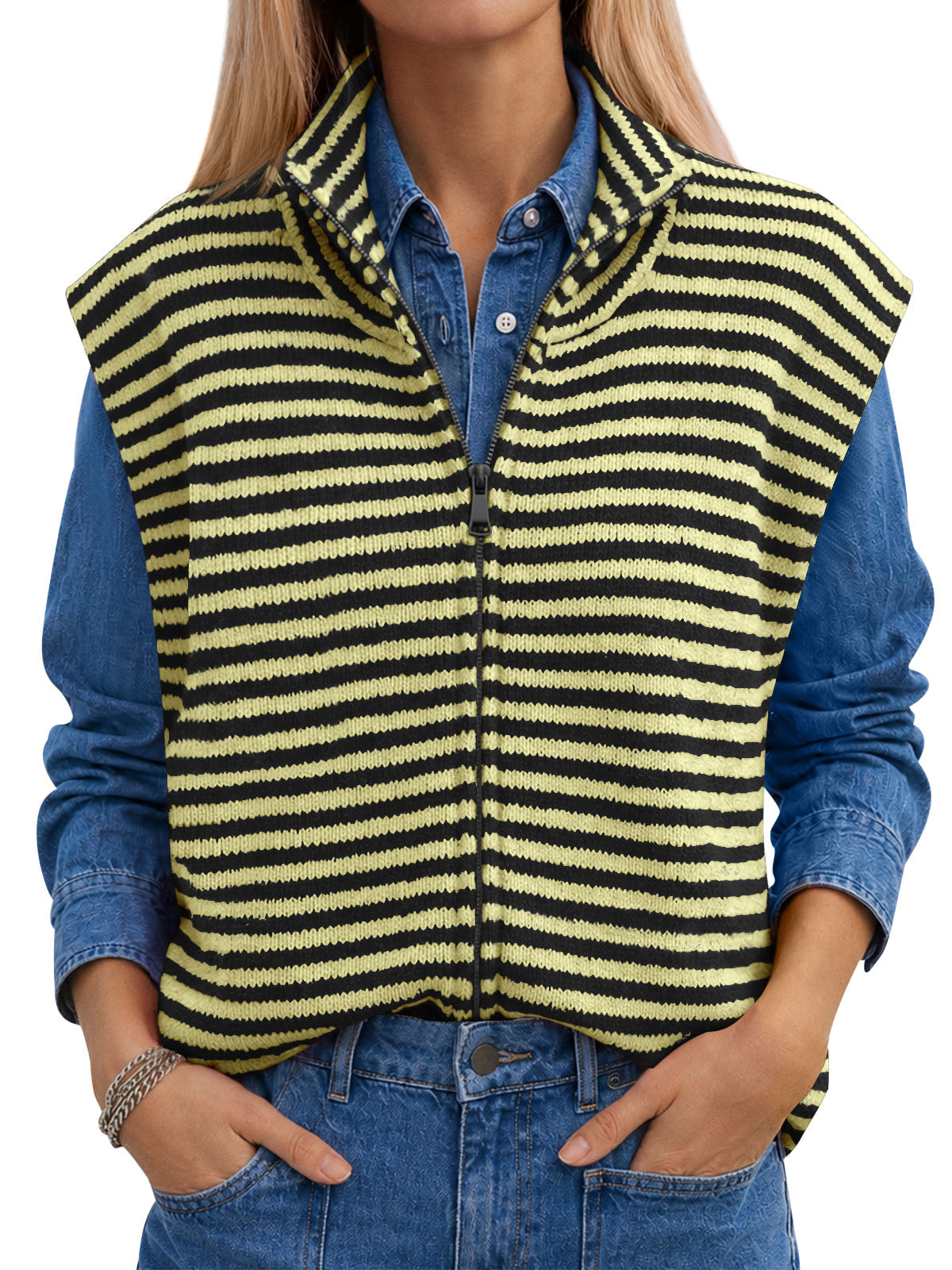 Saodimallsu Women Striped Zip Up Knit Cardigan