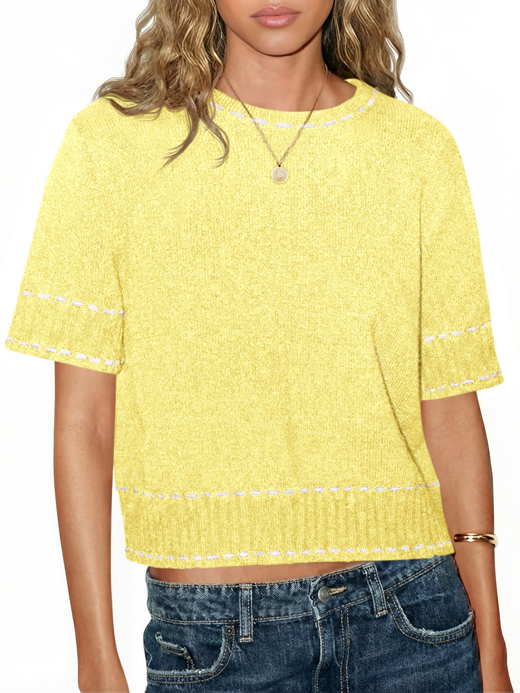Saodimallsu Womens Cropped Crew Neck Knit Sweater