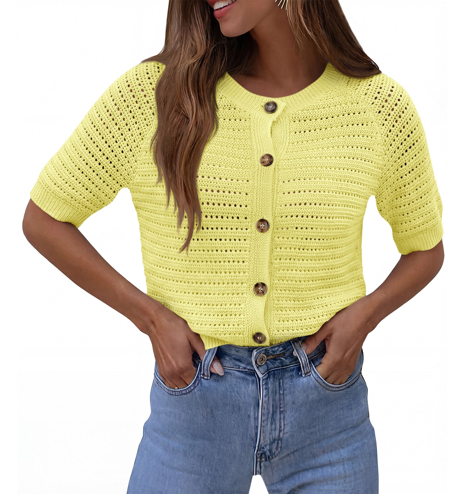 Saodimallsu Womens Crochet Short Sleeve Button Down Cardigan