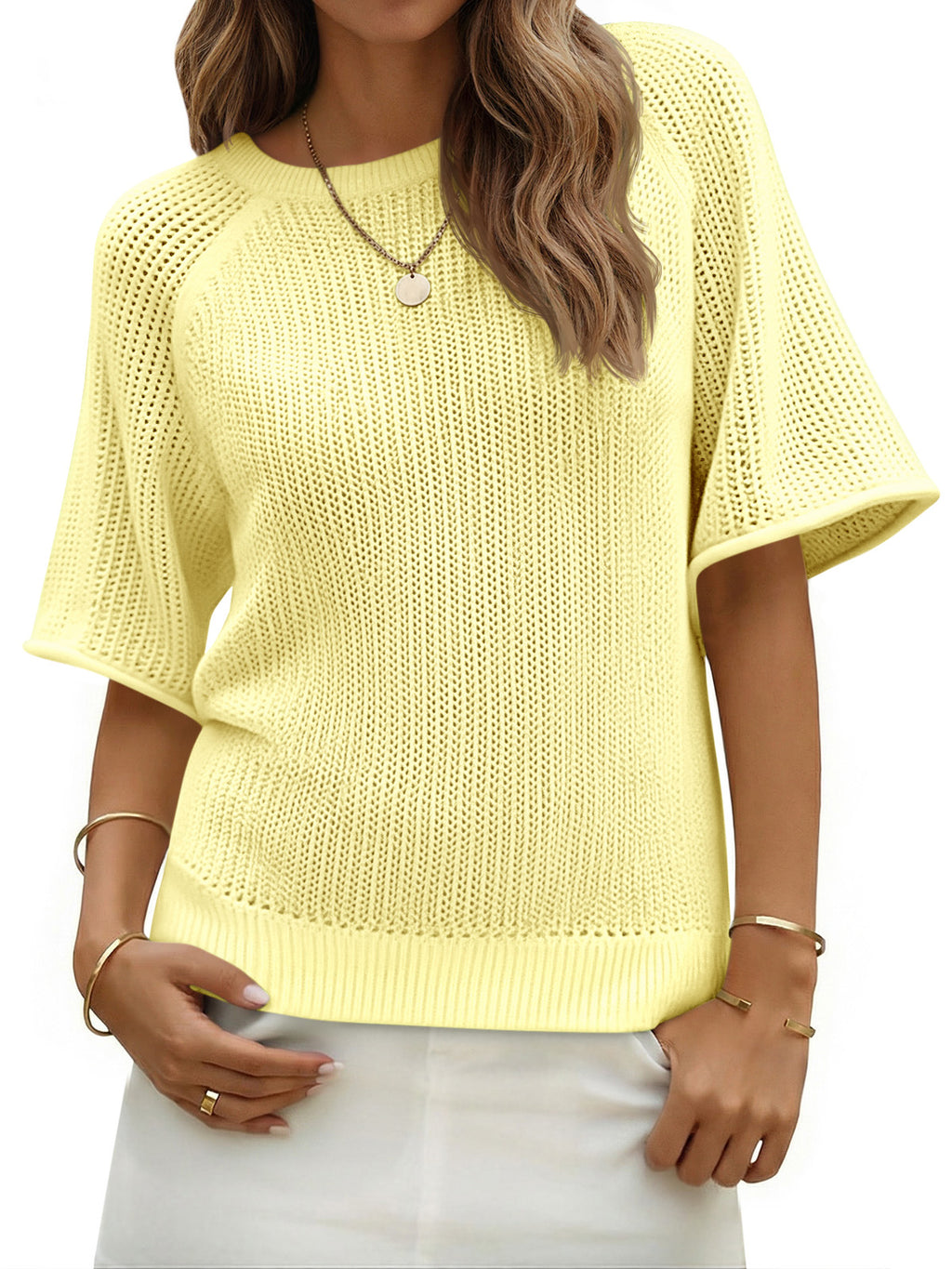 Saodimallsu Womens Crochet Short Sleeve Knit Sweater